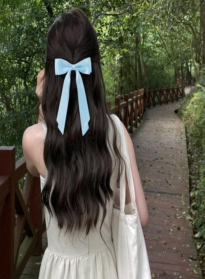 TULOBI Baby Blue Hair Bows for Women 3PCS Soft Silky Satin Bow Hair Clips with Metal Clips Long Tail Hair Ribbon Ponytail Holder Wedding Dress Decor Hair Accessories for Girls Teen - Image 4